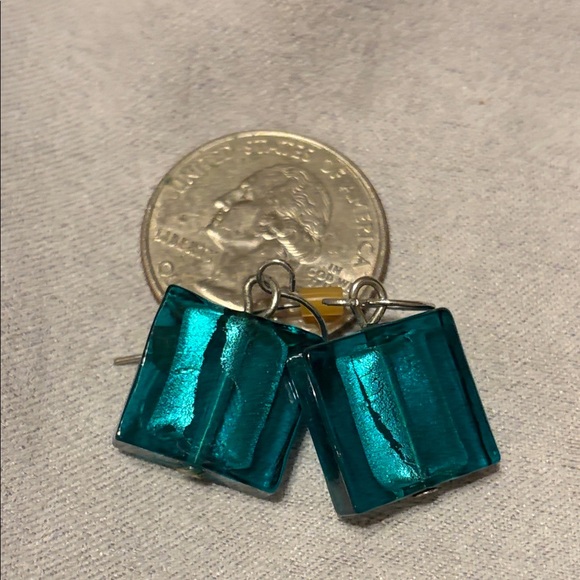 Iridescent Teal Square Glass Earrings - Picture 3 of 5